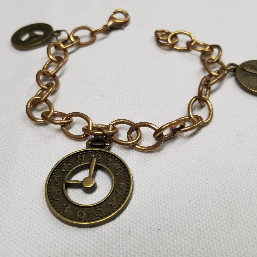 Bronze clock charm bracelet